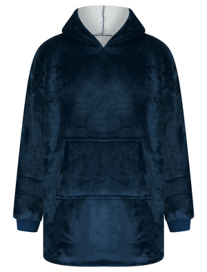 Adult Grizzly Soft Fleece Borg Lined Oversized Hooded Blanket with Pocket in Navy  - Tokyo Laundry