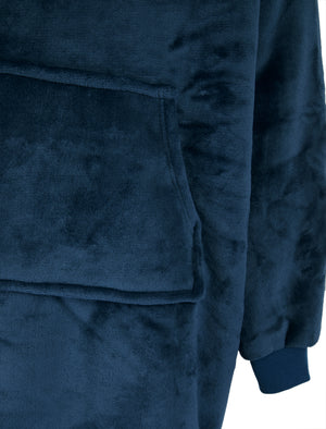 Adult Grizzly Soft Fleece Borg Lined Oversized Hooded Blanket with Pocket in Navy  - Tokyo Laundry