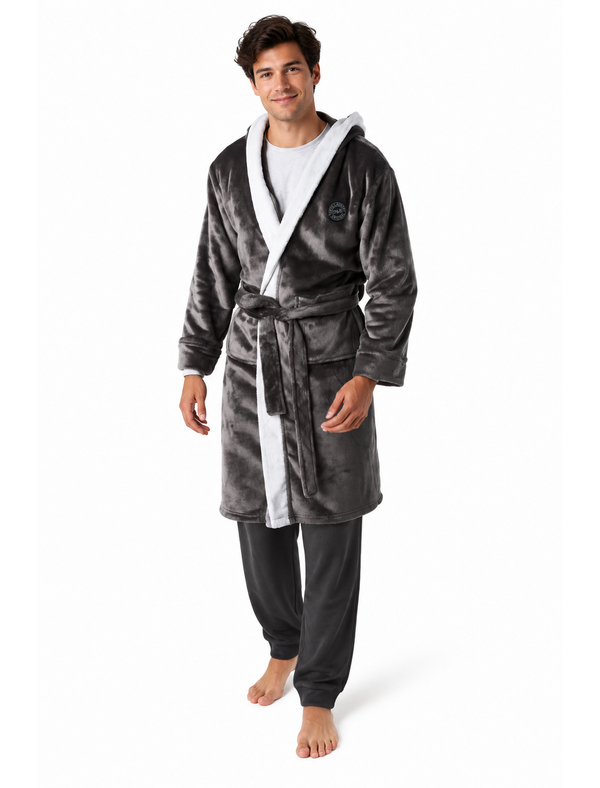 Men's Buckingham Soft Fleece Bonded Dressing Gown with Hood in Dark Grey - Tokyo Laundry