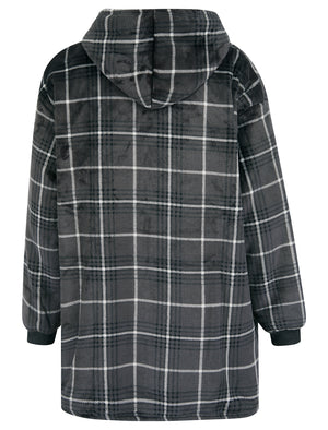 Adult Lenox Tartan Checked Soft Fleece Borg Lined Oversized Hooded Blanket with Pocket in Grey Check - Tokyo Laundry