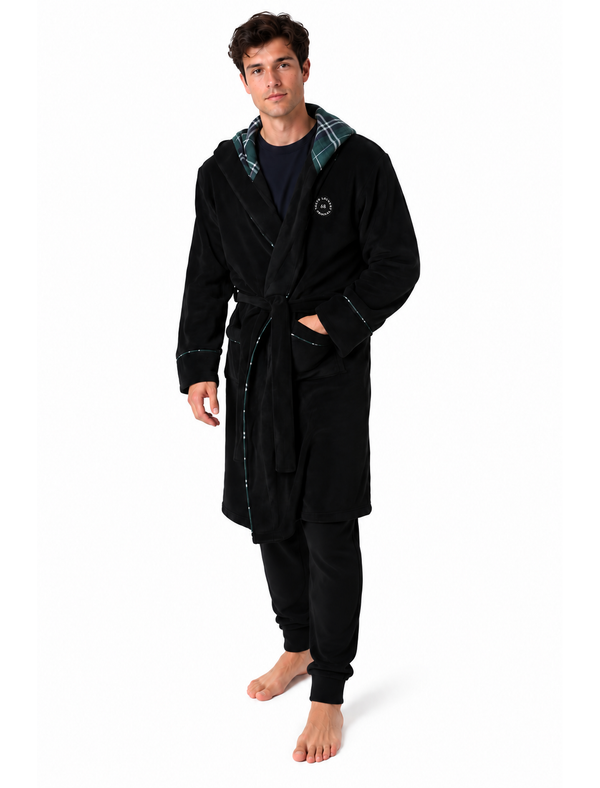 Men's Beaufort Soft Fleece Bonded Dressing Gown with Check Lined Hood in Black - Tokyo Laundry