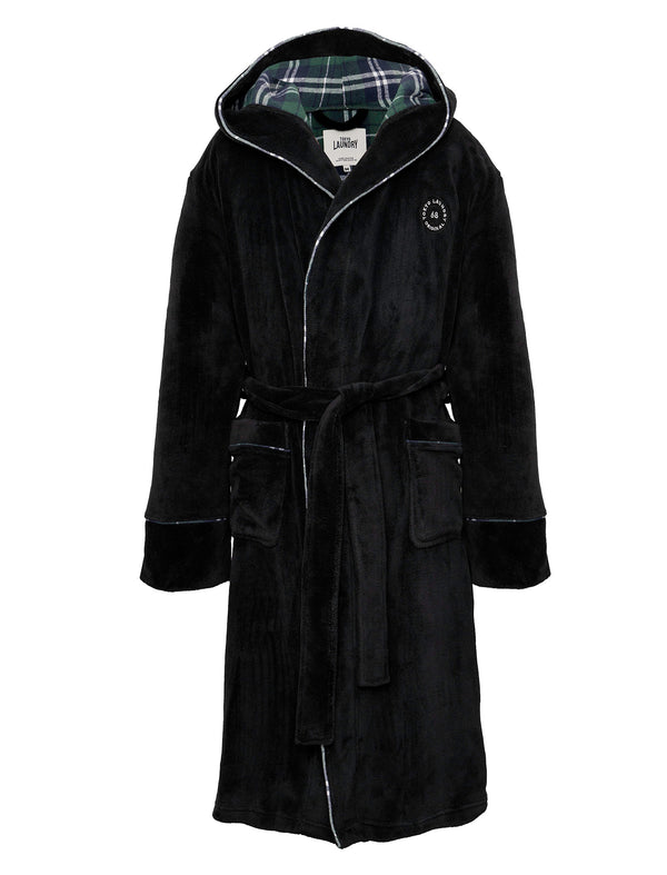 Men's Beaufort Soft Fleece Bonded Dressing Gown with Check Lined Hood in Black - Tokyo Laundry