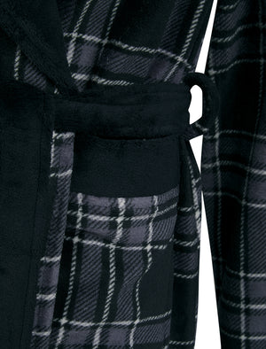 Men's Conrad Plaid Check Design Soft Fleece Dressing Gown in Black - Tokyo Laundry