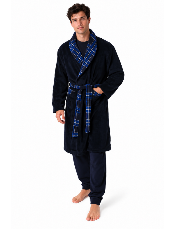 Men’s Domas Soft Fleece Plaid Check Trim Dressing Gown in Sky Captain Navy - Tokyo Laundry