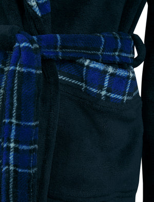 Men’s Domas Soft Fleece Plaid Check Trim Dressing Gown in Sky Captain Navy - Tokyo Laundry