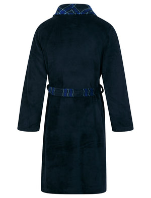 Men’s Domas Soft Fleece Plaid Check Trim Dressing Gown in Sky Captain Navy - Tokyo Laundry
