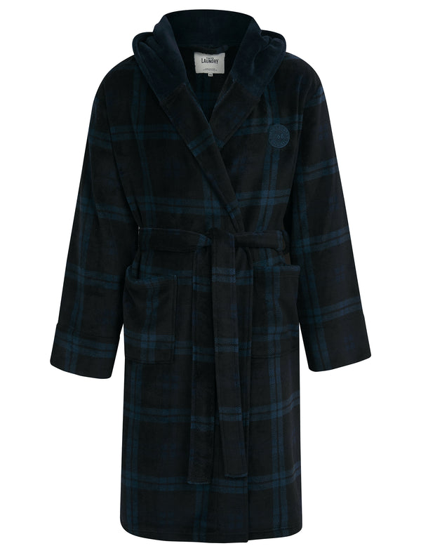 Men's Giveon Soft Fleece Check Dressing Gown with Fully Lined Hood in Black - Tokyo Laundry