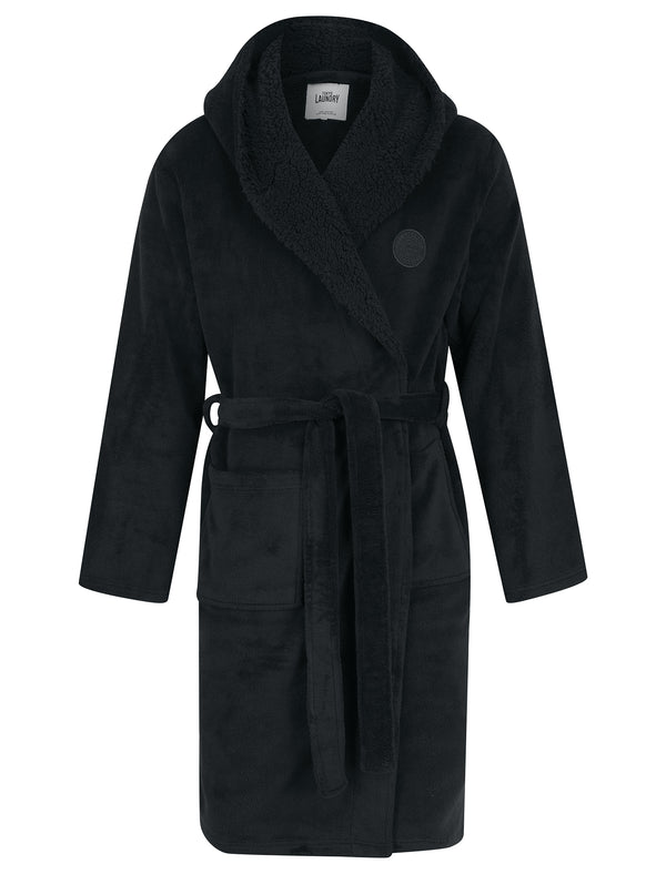 Men's Nobura Soft Fleece Dressing Gown with Sherpa Lined Hood in Dark Grey - Tokyo Laundry