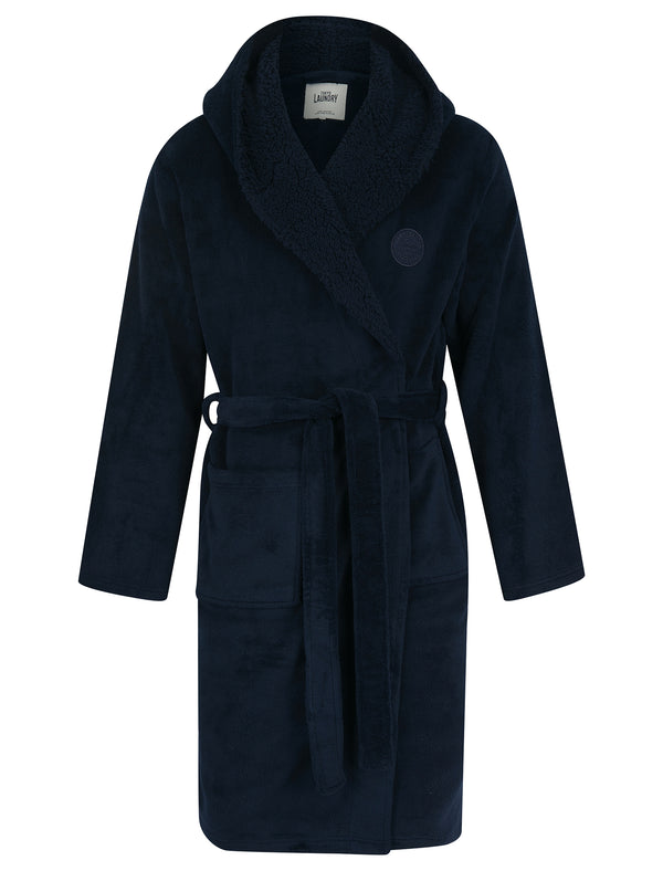 Men's Nobura Soft Fleece Dressing Gown with Sherpa Lined Hood in Navy - Tokyo Laundry