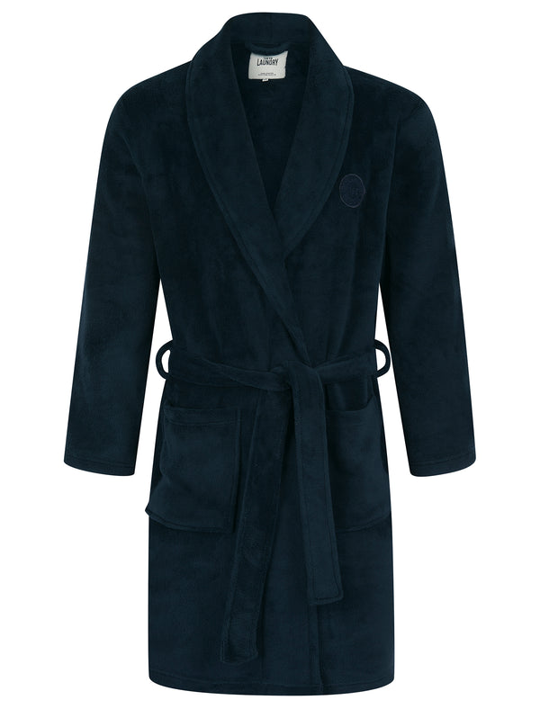 Men's Geto Textured Soft Fleece Dressing Gown with Tie Waist in Navy - Tokyo Laundry