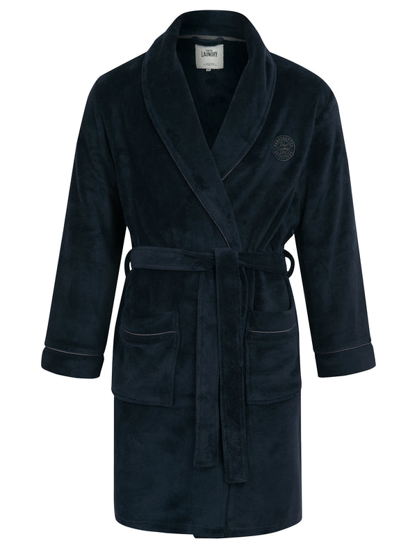 Men's Melman Textured Soft Fleece Dressing Gown with Tie Waist in Navy - Tokyo Laundry