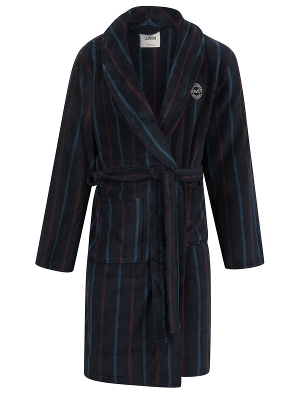 Men's Zenitsu Stiped Soft Fleece Dressing Gown with Tie Waist in Navy / Aubergine - Tokyo Laundry