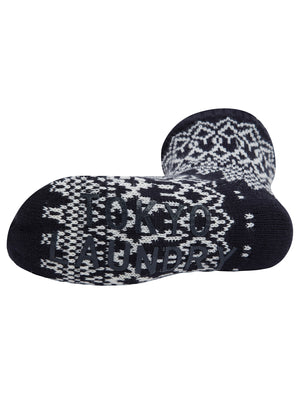 Atlantia Jacquard Fairisle Print Borg Lined Chunky Knit Slipper Socks in Navy - Tokyo Laundry