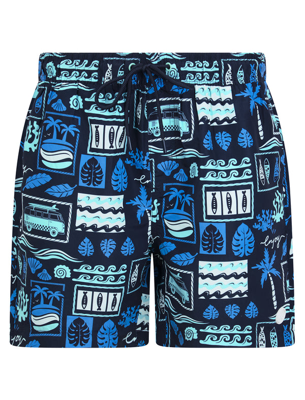 Taifa Tropical Print Microfibre Swim Shorts with Mesh Lining in Navy Blazer - Tokyo Laundry