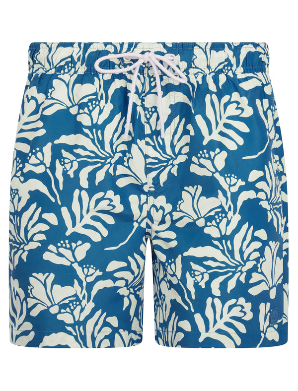 Taman Tropical Print Microfibre Swim Shorts with Mesh Lining in Copen Blue - Tokyo Laundry