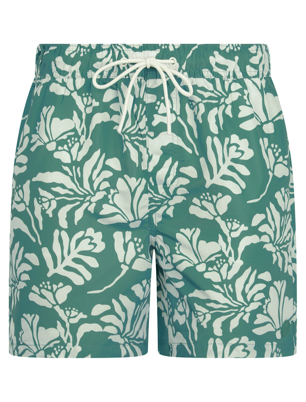 Taman Tropical Print Microfibre Swim Shorts with Mesh Lining in Trellis Green - Tokyo Laundry