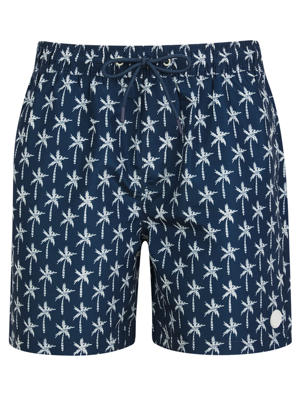 Tanix Tropical Print Microfibre Swim Shorts with Mesh Lining in Dark Denim - Tokyo Laundry
