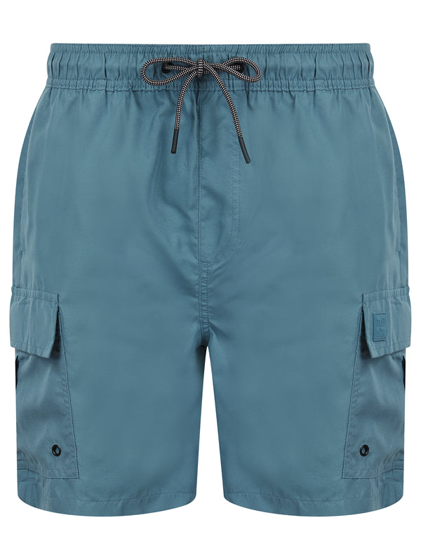 Taysom Microfibre Twill Multi-Pocket Cargo Style Swim Shorts with Mesh Lining in Copen Blue - Tokyo Laundry