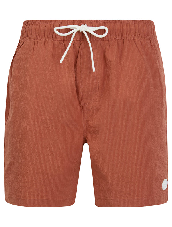 Byers Seersucker Stripe Microfibre Swim Shorts with Mesh Lining in Copper Brown - Tokyo Laundry