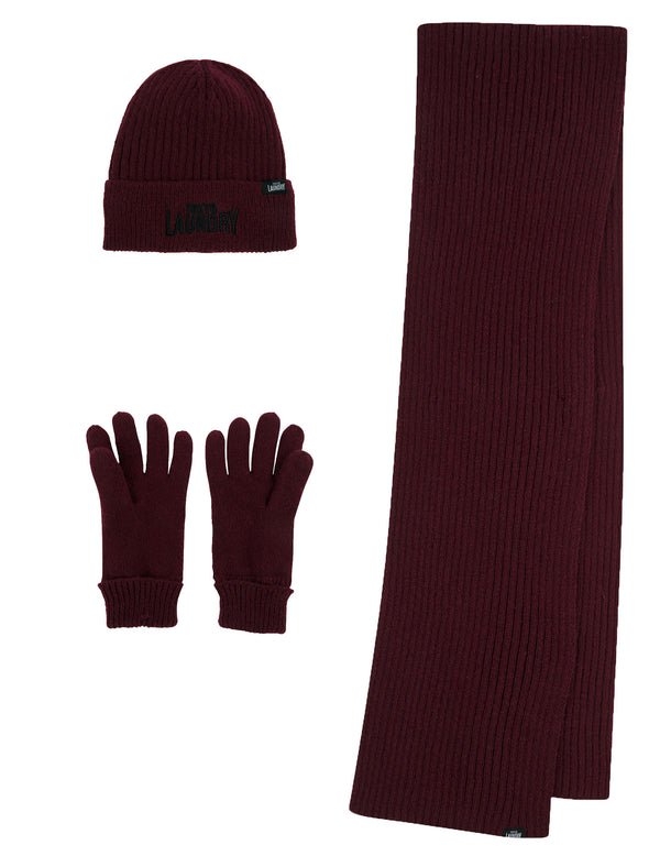 Worwick Matching Rib Knit, Micro-Fleece Lined Hat, Scarf and Gloves Set in Wine - Tokyo Laundry