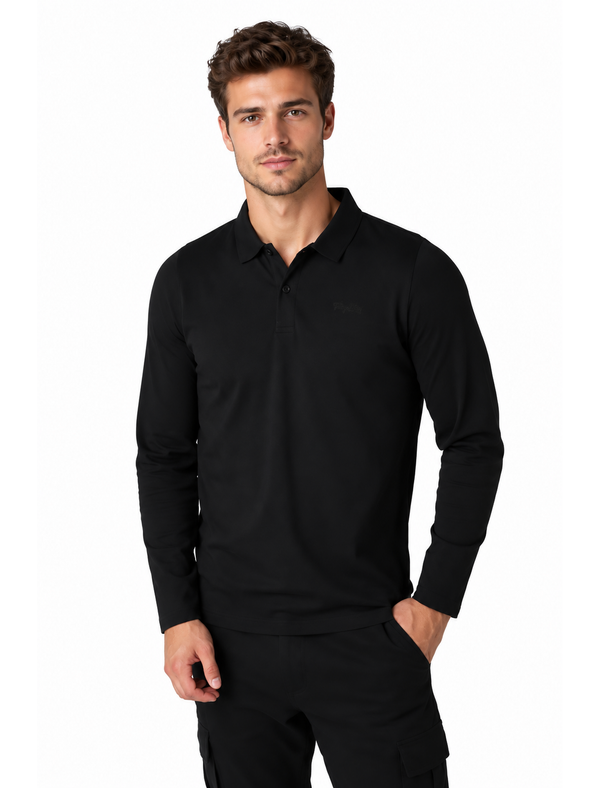 Landers Long Sleeve Cotton Jersey Polo Shirt in Jet Black - Tokyo Laundry
