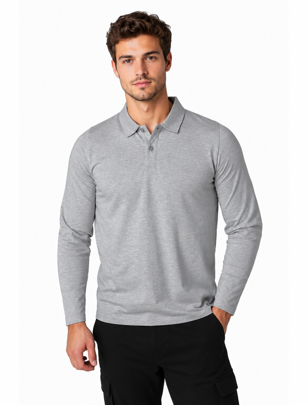 Lessons Long Sleeve Cotton Jersey Polo Shirt in Light Grey Marl - Tokyo Laundry