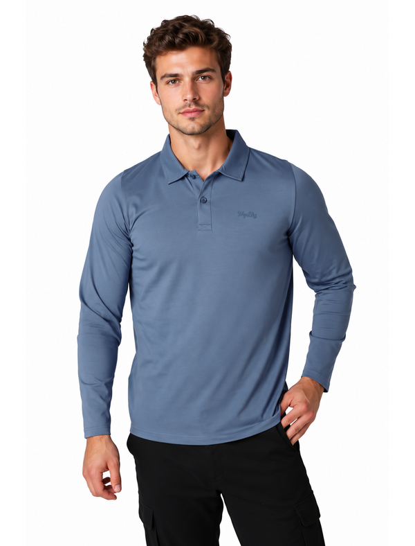 Landers Long Sleeve Cotton Jersey Polo Shirt in Vintage Indigo - Tokyo Laundry