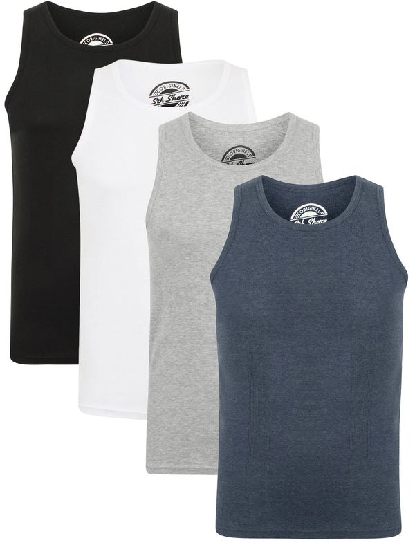 Tuns 4 Pack Cotton Ribbed Sleeveless Vest Tops in Mood Indigo Marl / Black / Light Grey Marl / Optic White - South Shore
