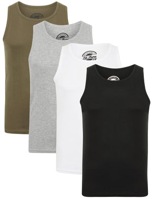 Tuns 4 Pack Cotton Ribbed Sleeveless Vest Tops in Amazon Khaki / Black / Light Grey Marl / Optic White - South Shore