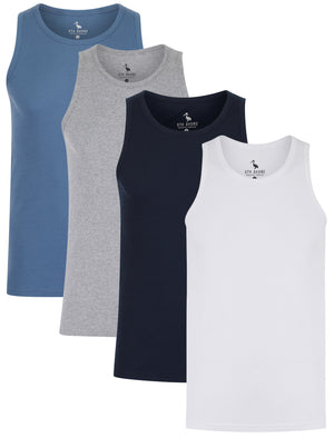 Vine 4 Pack Cotton Ribbed Sleeveless Vest Tops in Light Grey Marl / Blue Horizon / Bright White / Sky Captain Navy - South Shore