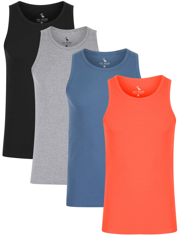 Victory 4 Pack Cotton Ribbed Sleeveless Vest Tops in Hot Coral / Light Grey Marl / Jet Black / Blue Horizon - South Shore