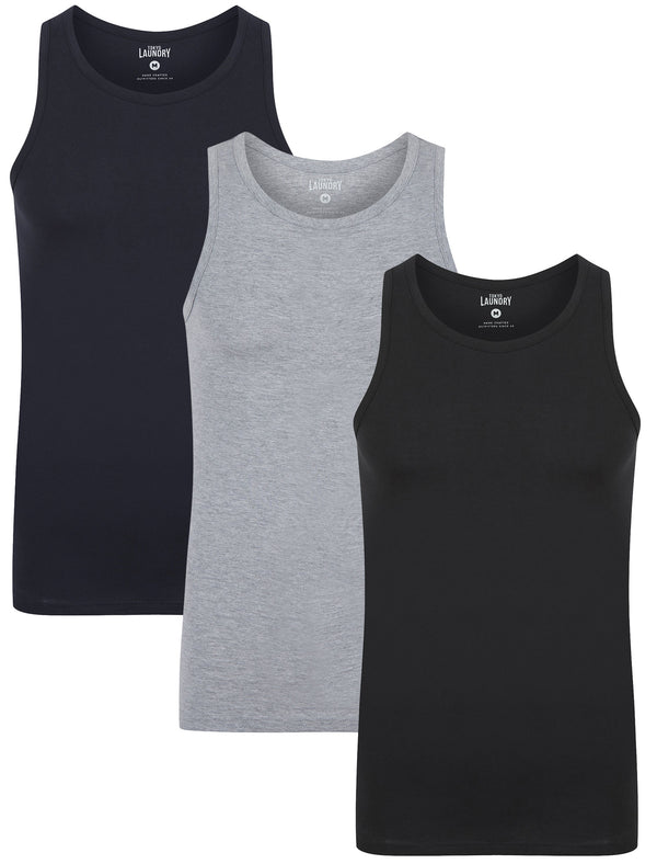 Albacore (3-Pack) Jersey Cotton Sleeveless Vest Tops in Sky Captain Navy / Light Grey Marl / Jet Black - Tokyo Laundry