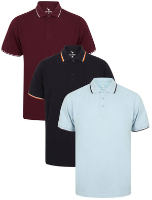 Ravi 3 Pack 100% Cotton Pique Polo Shirt in Chambray Blue / Windsor Wine / Navy - South Shore