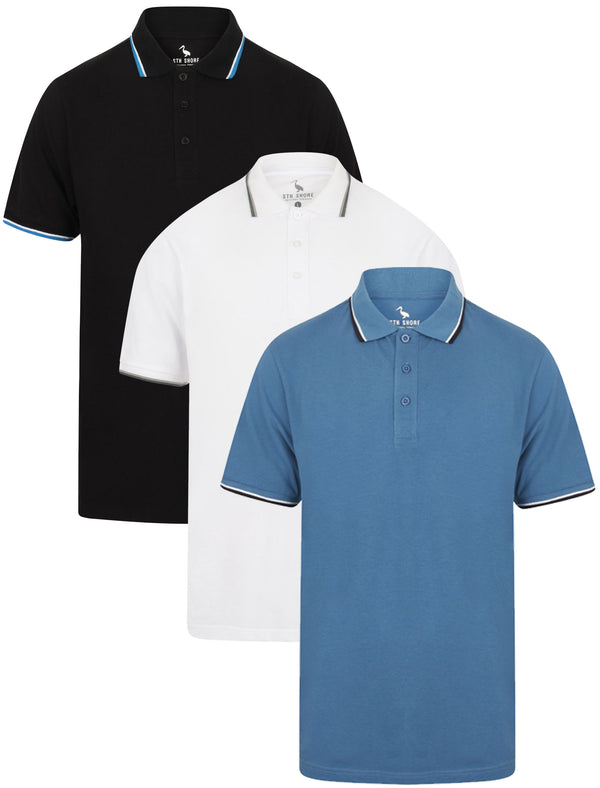Ravi 3 Pack 100% Cotton Pique Polo Shirt in Federal Blue / Jet Black / Optic White - South Shore