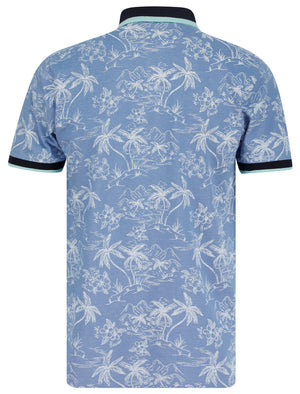 Milo Cotton Blend Pique Tropical Hawaiian Print Polo Shirt in Light Blue - Tokyo Laundry