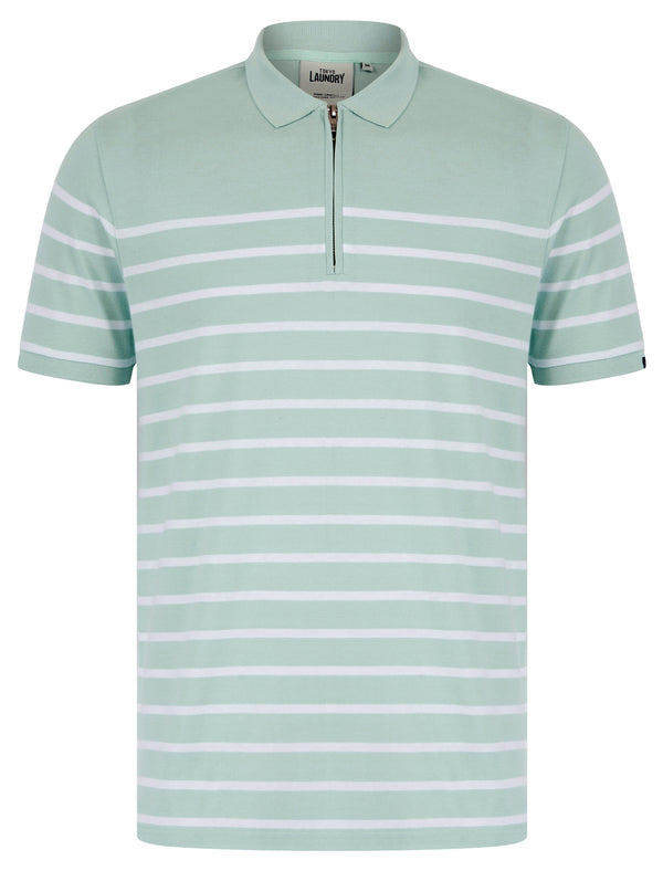 Wick Yarn Dyed Stripe Cotton Pique Zip Fasten Polo Shirt in Cloud Blue - Tokyo Laundry