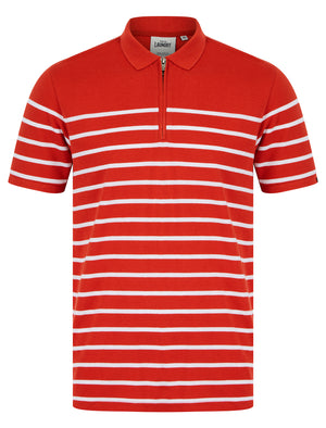 Wick Yarn Dyed Stripe Cotton Pique Zip Fasten Polo Shirt in Ketchup - Tokyo Laundry