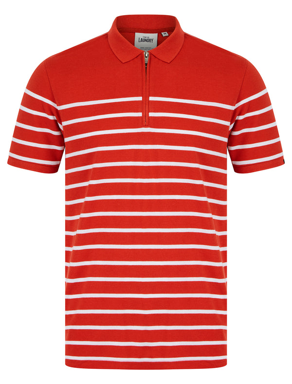 Wick Yarn Dyed Stripe Cotton Pique Zip Fasten Polo Shirt in Ketchup - Tokyo Laundry