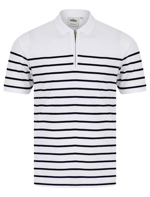 Wick Yarn Dyed Stripe Cotton Pique Zip Fasten Polo Shirt in Optic White - Tokyo Laundry