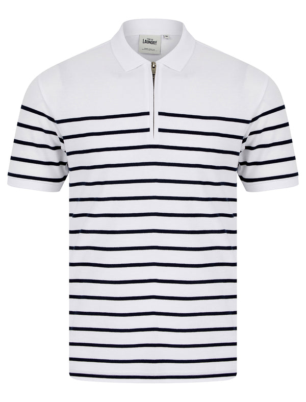 Wick Yarn Dyed Stripe Cotton Pique Zip Fasten Polo Shirt in Optic White - Tokyo Laundry