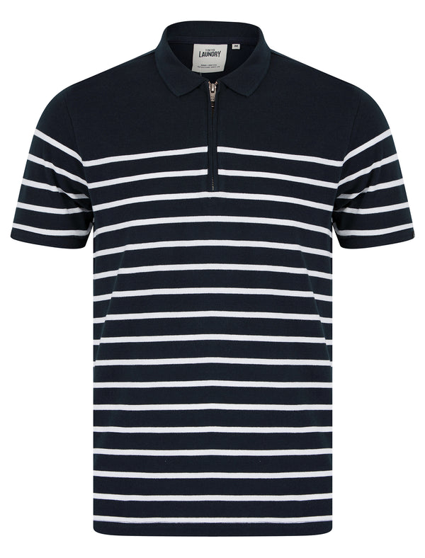 Wick Yarn Dyed Stripe Cotton Pique Zip Fasten Polo Shirt in Sky Captain Navy - Tokyo Laundry