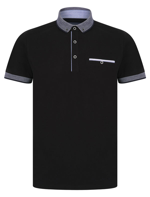 Riddle Stretch Cotton Jersey Button Down Collar Polo Shirt in Jet Black - Kensington Eastside