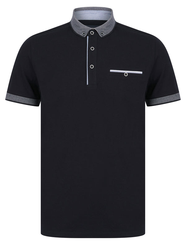 Riddle Stretch Cotton Jersey Button Down Collar Polo Shirt in Sky Captain Navy - Kensington Eastside