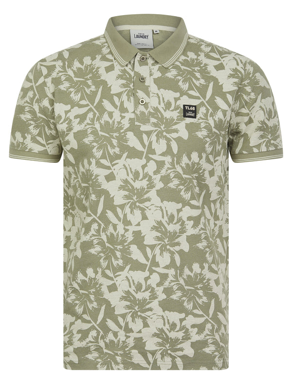 Alldis Cotton Rich Pique Tropical Hawaiian Print Polo Shirt in Laurel Oak Grey - Tokyo Laundry