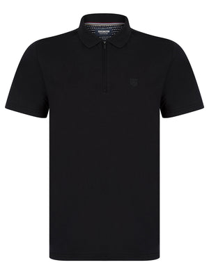 Wells Cotton Jersey Polo Shirt with Zip Fasten Collar in Jet Black - Kensington Eastside