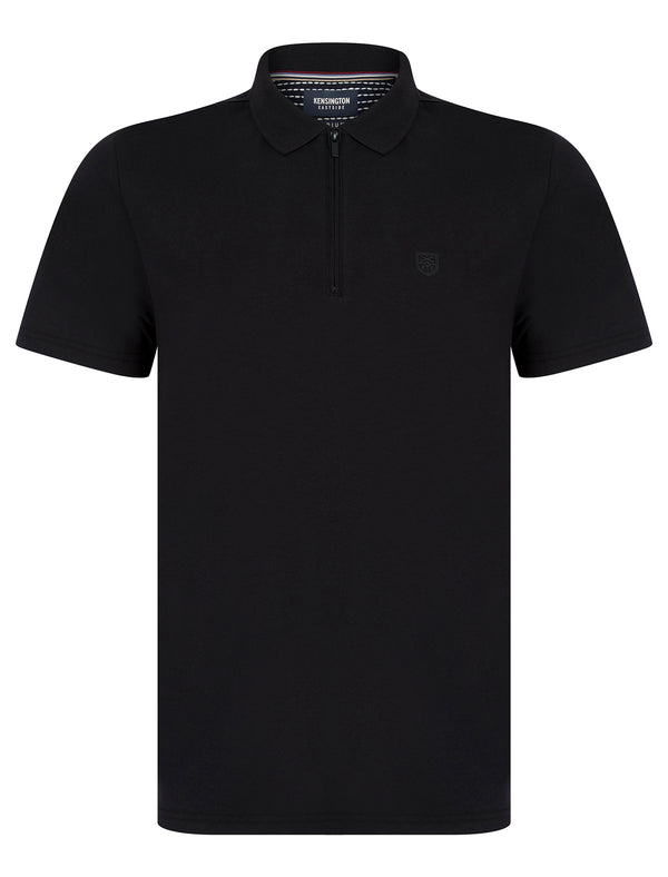 Wells Cotton Jersey Polo Shirt with Zip Fasten Collar in Jet Black - Kensington Eastside