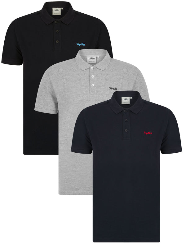 Fayde (3 Pack) Cotton Pique Polo Shirts in Sky Captain Navy / Light Grey Marl / Jet Black - Tokyo Laundry
