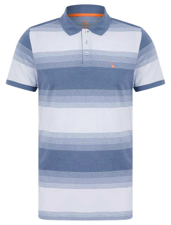 Moxon Striped Cotton Rich Short Sleeve Jersey Polo Shirt in Mid Blue - South Shore
