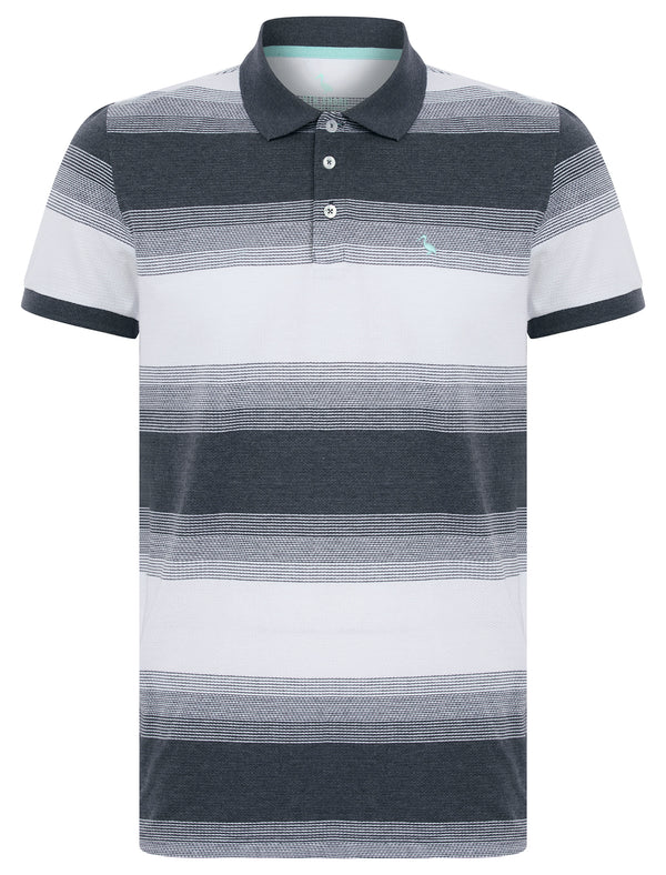 Moxon Striped Cotton Rich Short Sleeve Jersey Polo Shirt in Sky Captain Navy - South Shore