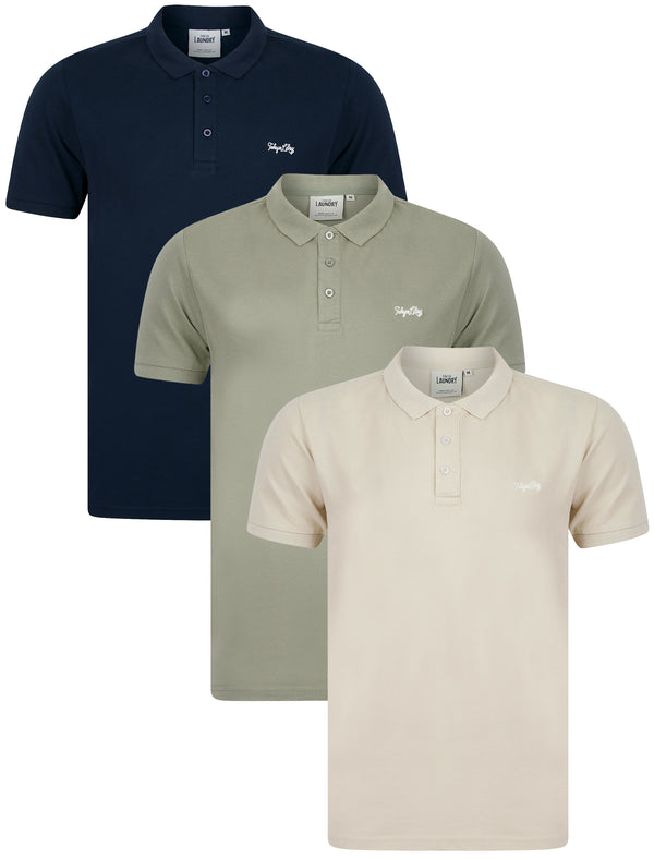 Fayde (3 Pack) Cotton Pique Polo Shirts in Sky Captain Navy / Shadow / Rainy Day - Tokyo Laundry